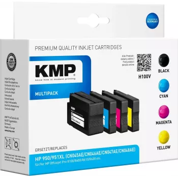 KMP H100V didelio našumo rašalo kasečių rinkinys – juoda, žydra, purpurinė, geltona – suderinamas su HP Officejet Pro 251dw, 276dw, 8100, 8600, 8610, 8615, 8620, 8625, 8630 – 4 vienetai