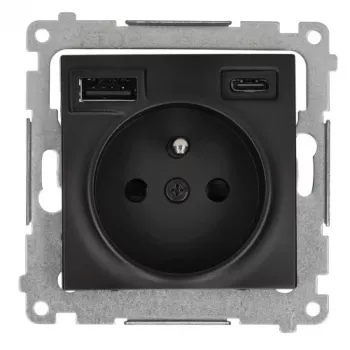 KONTAK-SIMON SIMON 54 modulis Black Matt – 1x Schuko lizdas 16A 250V + 2x USB (Type A & C) 2.1A, varžtiniai gnybtai