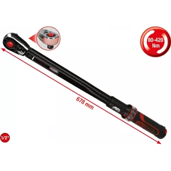 KS TOOLS 1/2 inch ERGOTORQUEprecision reketinis dinamometrinis raktas, 80-420 Nm, dviguba skalė, DIN EN ISO 6789-1:2017, su plastikine dėže (516.1582)