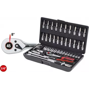 KS TOOLS 1/4 colio CHROMEplus 48 dalių galvučių rinkinys, 6 briaunų metrinis, 72 dantų reketas, dėkle (918.0648)