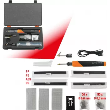 KS TOOLS 150.1010 Belaidis plastiko taisymo rinkinys, 134 dalių, 3.7V Li-Ion karštųjų segtukų pistoletas su 200 nerūdijančio plieno segtukų, 450°C, dėklas