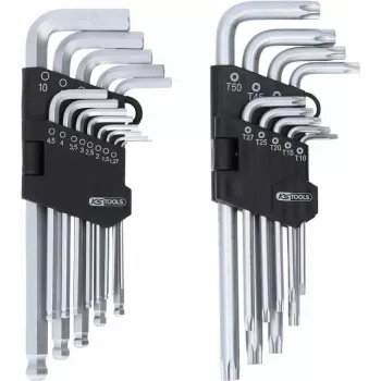 KS TOOLS 22 dalių šešiakampių ir TORX L formos raktų rinkinys su rutuliniu galu ir laikikliu