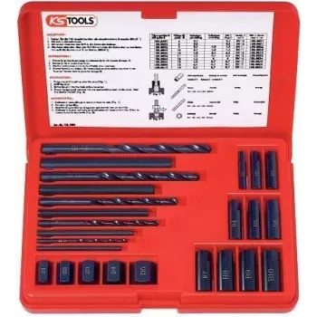 KS TOOLS 25 dalių sraigtų ištraukimo rinkinys, kairiosios eigos HSS, M3-M18, su grąžtais ir kreiptuvais (150.1305)