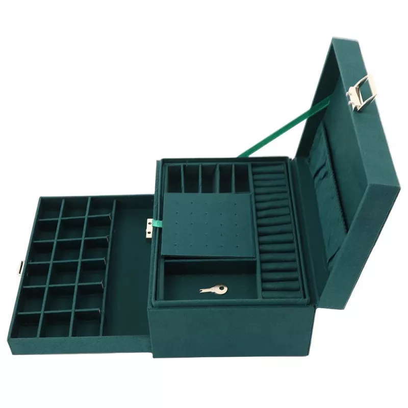 LEAN Jewelry Organizer Box su stalčiumi ir raktu, žalias aksomas