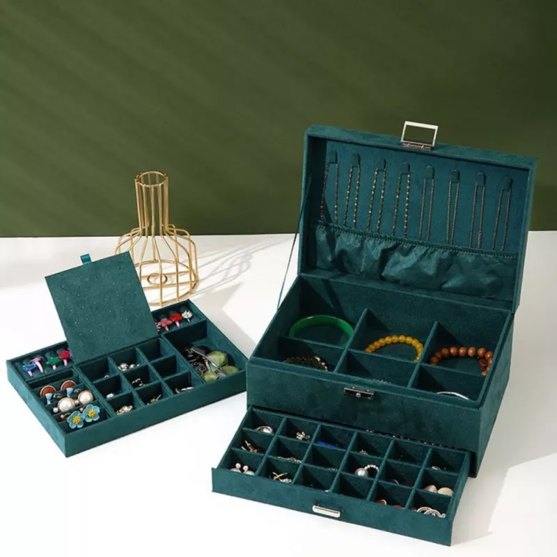 LEAN Jewelry Organizer Box su stalčiumi ir raktu, žalias aksomas