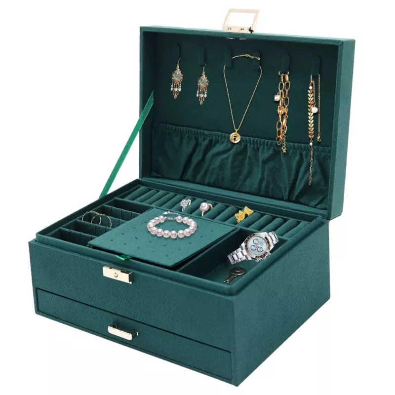 LEAN Jewelry Organizer Box su stalčiumi ir raktu, žalias aksomas