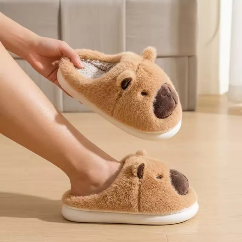 LEAN Plush Capybara House Slippers With Ears Warm Soft Beige Size 34-35