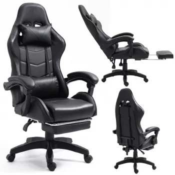 LEAN Swivel Office Gaming Chair with Footrest and Cushions, Black