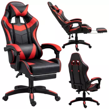 LEAN Swivel Office Gaming Chair with Footrest and Cushions, Black and Red