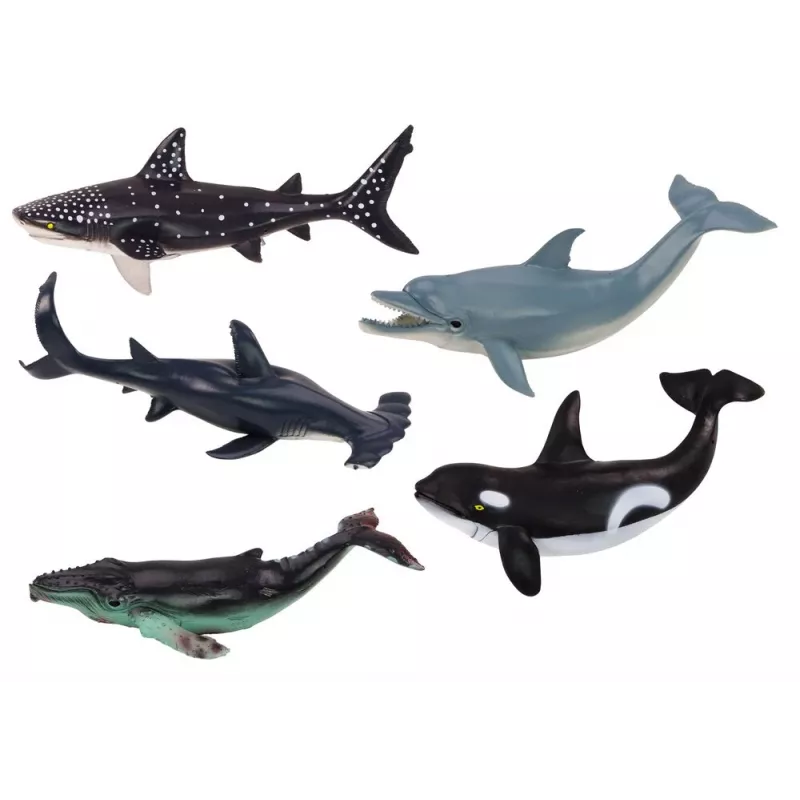 LEAN TOYS 17521 Jūros gyvūnų figūrėlių rinkinys – orka, ryklys, banginis, delfinas, vėžlys ir manta – įvairiaspalvis