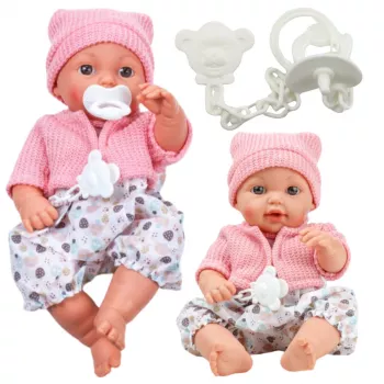 LEAN TOYS 24440 Lėlė kūdikis su kepuraite, megztiniu ir čiulptuku, garso efektais (35 cm)