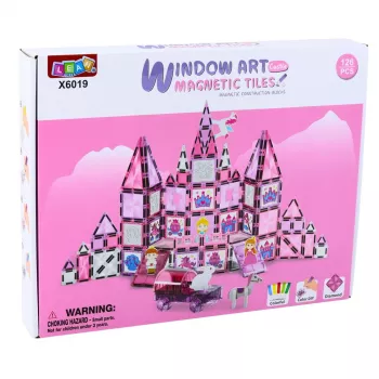 LEAN TOYS 25282 Magnetiniai kaladėlių rinkiniai „Vitražo langas“ su rožiniais žymekliais, 126 dalių, kūrybinis meno žaislas