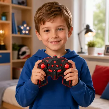 LEAN TOYS 29711 RC Stunt Car 1:10 4WD su 360° sukimu, LED šviesomis ir dūmų efektu (juoda/raudona)