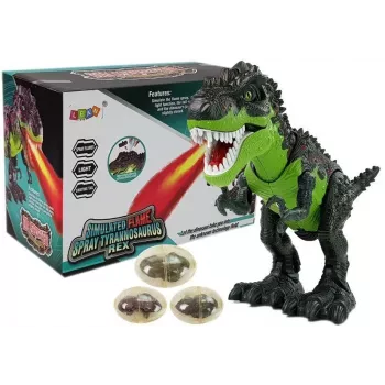 LEAN TOYS 7740 Interaktyvus T-Rex dinozauras su kiaušinių dėjimu, garais, garsu ir šviesos efektais – žalia