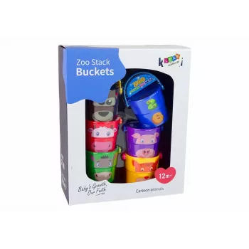 LEAN TOYS Spalvotų kibirėlių rinkinys su gyvūnėliais – piramidė