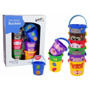 LEAN TOYS Spalvotų kibirėlių rinkinys su gyvūnėliais – piramidė