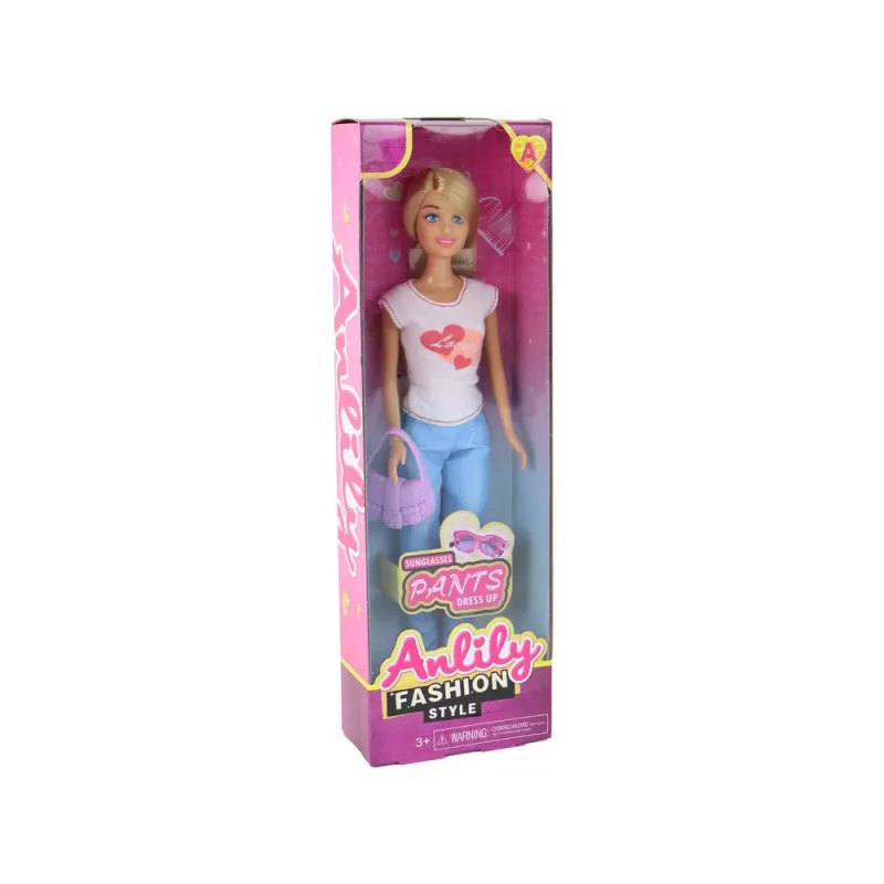 LEAN TOYS Anlily vaikiška lėlė su ilgais blondinais plaukais, rankine, akiniais, balta palaidine