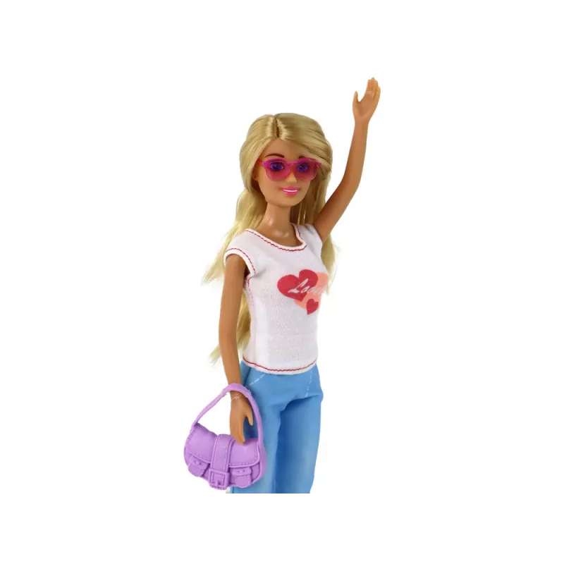 LEAN TOYS Anlily vaikiška lėlė su ilgais blondinais plaukais, rankine, akiniais, balta palaidine
