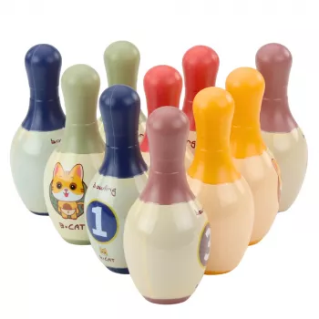 LEAN TOYS boulingo rinkinys su katėmis vaikams – 10 kėglių ir 2 spalvoti kamuoliai