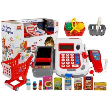 LEAN TOYS kasos aparatas su vežimėliu ir krepšeliais – 35 dalių vaidmenų žaidimų rinkinys su veikiančiu skaičiuotuvu, šviečiančiu skeneriu, mikrofonu, prekybos vežimėliu ir krepšeliu | 3+ metų