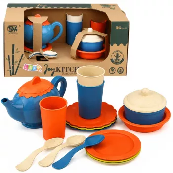 LEAN TOYS Vaikiškas bambuko pluošto indų rinkinys, mėlynas ir oranžinis, 15 vnt.