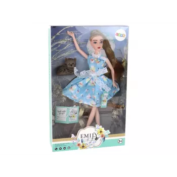 LEAN TOYS vaikų lėlė Emily Spring su ilgais plaukais, mėlyna suknele ir kačiuku