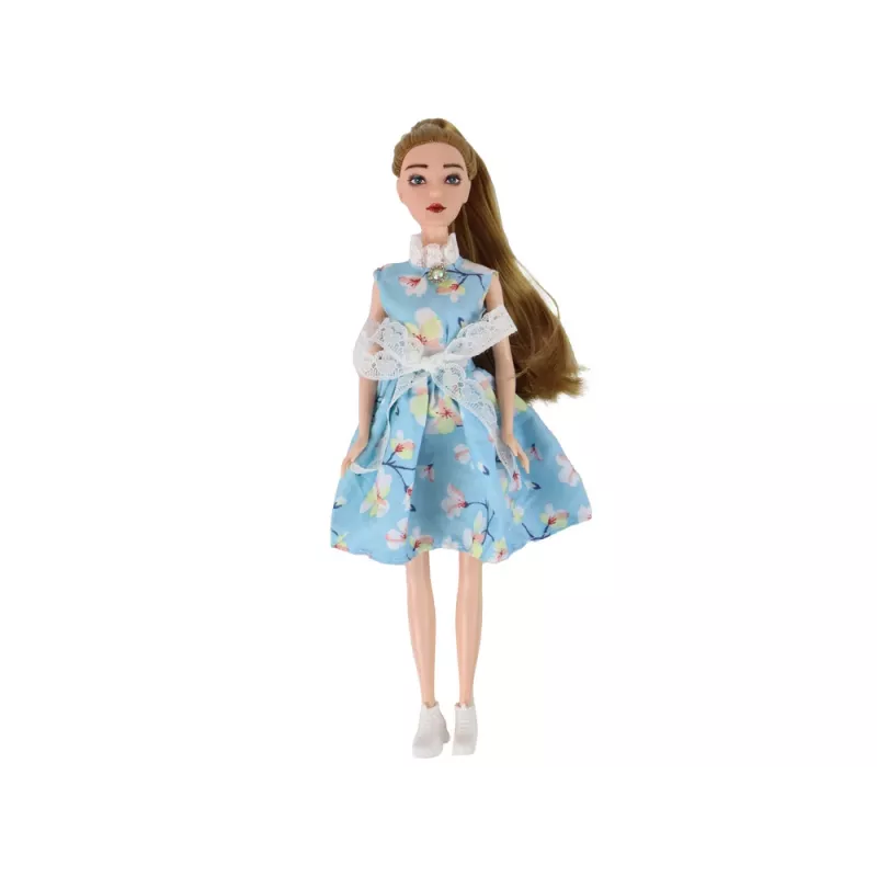 LEAN TOYS vaikų lėlė Emily Spring su ilgais plaukais, mėlyna suknele ir kačiuku