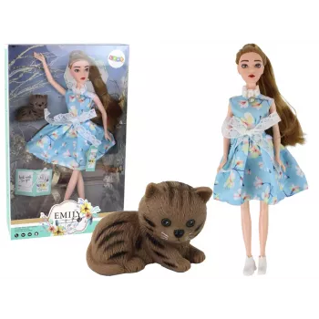LEAN TOYS vaikų lėlė Emily Spring su ilgais plaukais, mėlyna suknele ir kačiuku
