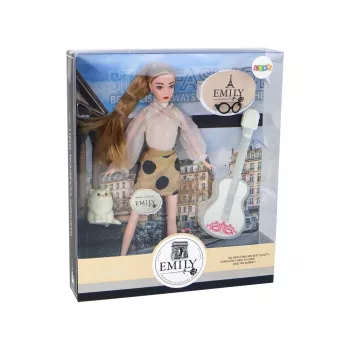 LEAN TOYS Lėlė Emily su gitara, akiniais, ilgais šviesiais plaukais ir kačiuku