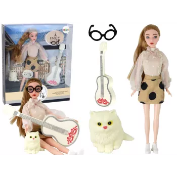 LEAN TOYS Lėlė Emily su gitara, akiniais, ilgais šviesiais plaukais ir kačiuku
