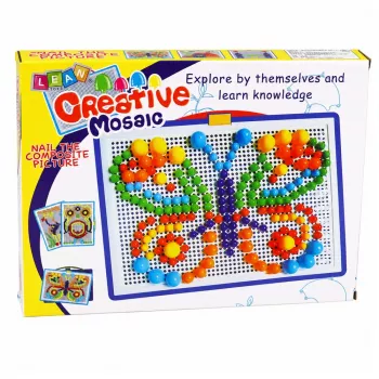 LEAN TOYS kūrybinis rinkinys Mygtukų mozaikos dėlionė Grybukai smeigtukai lagaminėlyje 300 vnt.