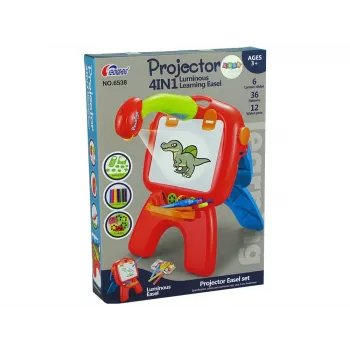 LEAN TOYS Dvipusė lenta su kreidelėmis, stovu ir projektoriumi „Pictures“ raudona