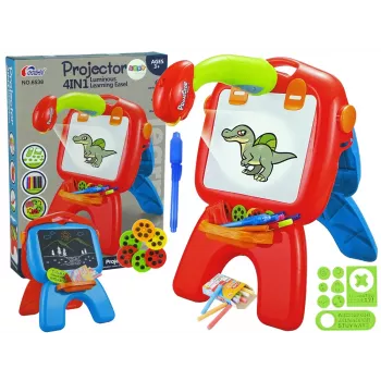 LEAN TOYS Dvipusė lenta su kreidelėmis, stovu ir projektoriumi „Pictures“ raudona