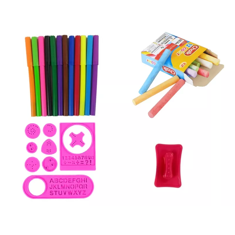 LEAN TOYS Dvipusė magnetinė kreidėlė rožinė su trafaretais