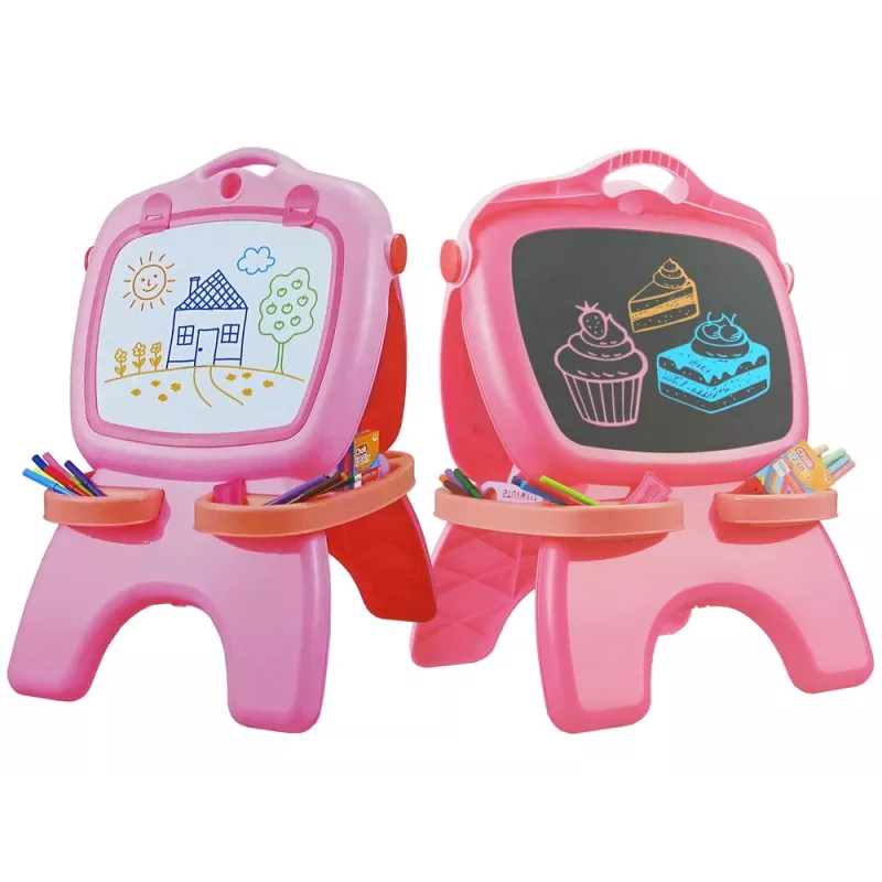LEAN TOYS Dvipusė magnetinė kreidėlė rožinė su trafaretais