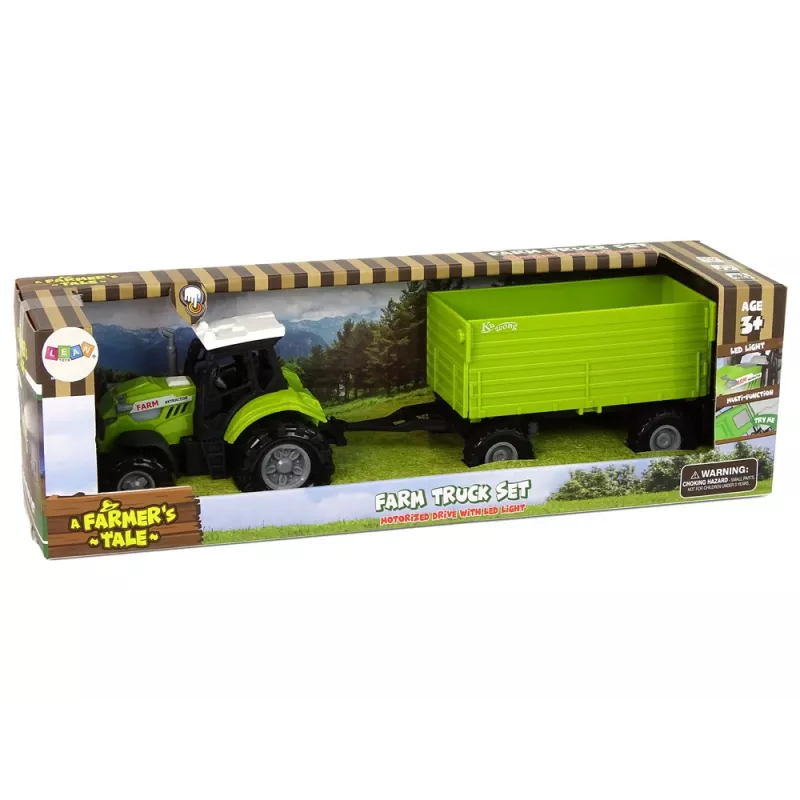 LEAN TOYS Ūkio traktorius su priekaba, šviesomis ir garsais, žalias