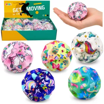 LEAN TOYS Putplasčio kamuolys su įdubimais šokinėjimui antistresiniai vienaragiai 7cm