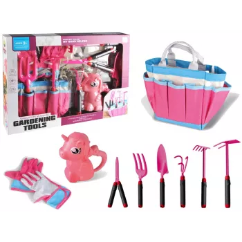 LEAN TOYS Sodų rinkinys su krepšiu, įrankiais, pirštinėmis ir grėbliais Pink Unicorn
