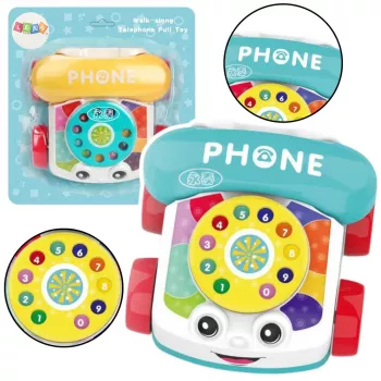 LEAN TOYS Interaktyvus spalvotas telefonas su ratukais traukimui