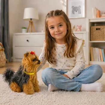 LEAN TOYS Interaktyvus minkštas šuniukas – Jorkšyro terjero veislė, glostyk galvą ir atrask jo funkcijas