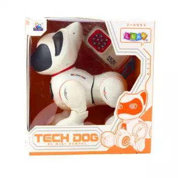 LEAN TOYS interaktyvus robotas šuo su nuotolinio valdymo pultu, šviesos ir garso efektais, baltas-oranžinis