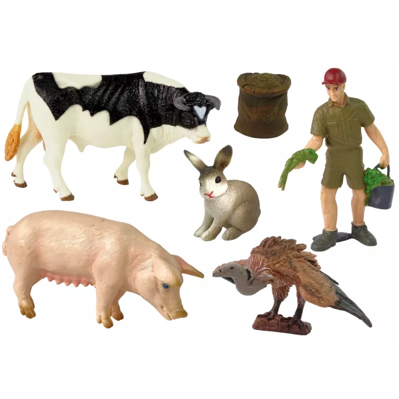LEAN TOYS Didelis ūkio gyvūnų figūrėlių rinkinys + ūkininkas ir sodyba, 10 vienetų