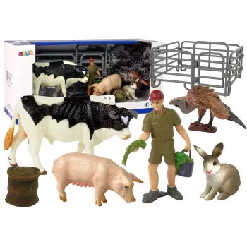 LEAN TOYS Didelis ūkio gyvūnų figūrėlių rinkinys + ūkininkas ir sodyba, 10 vienetų