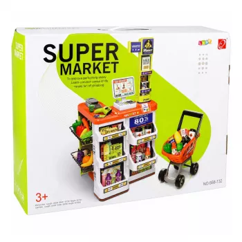 LEAN TOYS Didelis prekybos centro kasos aparato ir vežimėlio rinkinys - 60 dalių su šviesomis, garsais ir aksesuarais, vaidmenų žaidimo žaislas vaikams nuo 3 metų