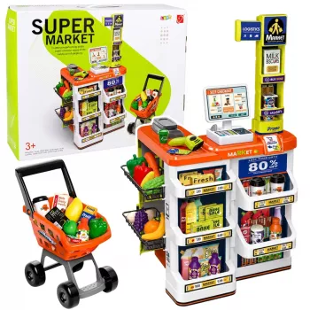 LEAN TOYS Didelis prekybos centro kasos aparato ir vežimėlio rinkinys - 60 dalių su šviesomis, garsais ir aksesuarais, vaidmenų žaidimo žaislas vaikams nuo 3 metų