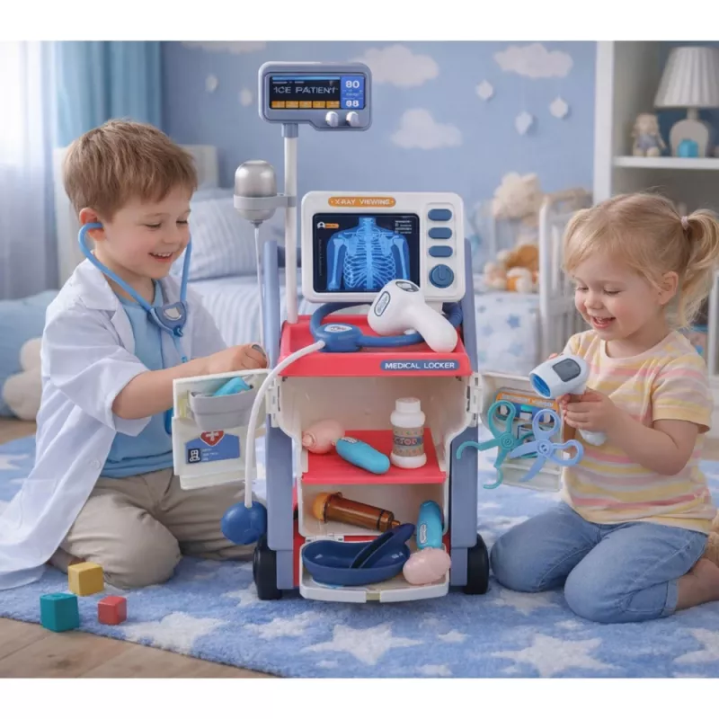 LEAN TOYS Gydytojo rinkinys su vežimėliu, rentgeno aparatu, širdies monitoriumi su šviesomis, rožinis, 16 dalių