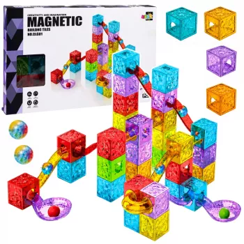 LEAN TOYS Magnetiniai statybiniai kubeliai 60 vnt. – Spalvotas rutuliukų takelio konstravimo rinkinys