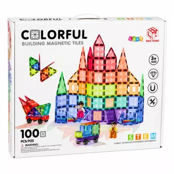 LEAN TOYS Magnetiniai konstrukciniai blokeliai 3D plokštės Kūrybiniai STEM spalvoti 100 vnt.