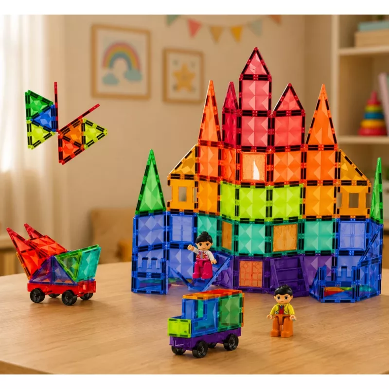 LEAN TOYS Magnetiniai konstrukciniai blokeliai 3D plokštės Kūrybiniai STEM spalvoti 100 vnt.
