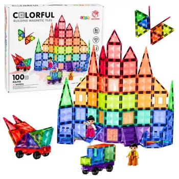 LEAN TOYS Magnetiniai konstrukciniai blokeliai 3D plokštės Kūrybiniai STEM spalvoti 100 vnt.